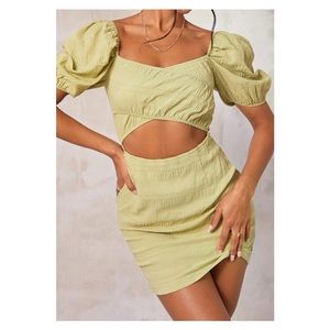 Lime Textured Linen Cut Out Puff Sleeve 
